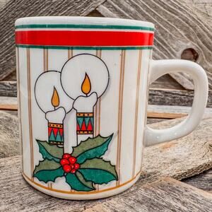 Vintage Christmas Ceramic Coffee Mug, Halo Candles & Holly Berries Retro Holiday